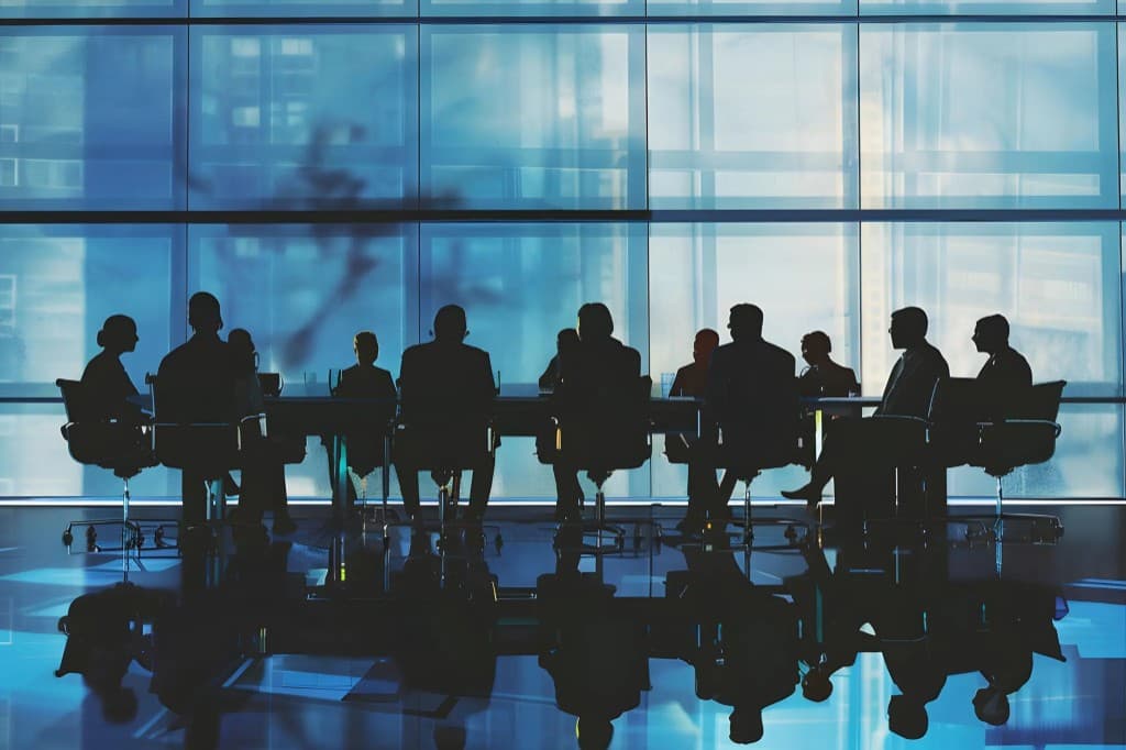 Executive boardroom meeting in silhouette against a city skyline