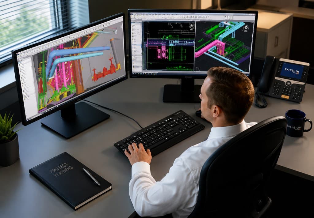 Engineer reviewing colorful BIM piping models on dual Exhibium monitors
