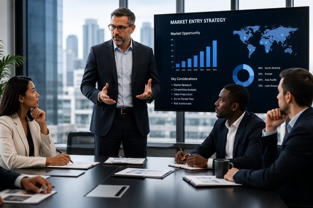 Market entry strategy presentation in a corporate boardroom