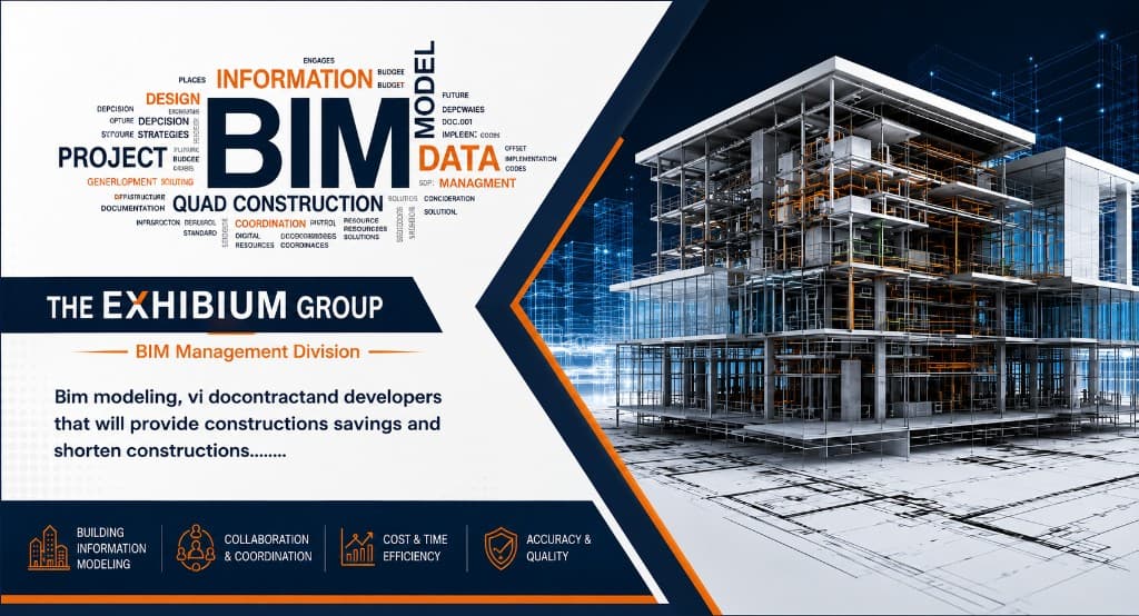 Exhibium BIM Management Division graphic with BIM word cloud and building systems model