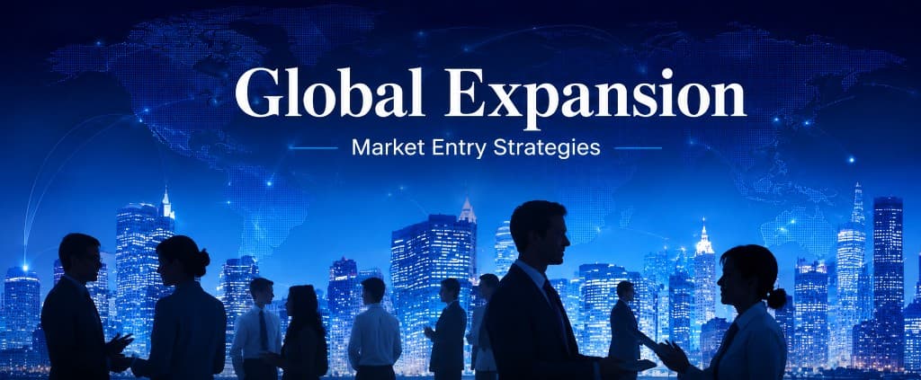 Global Expansion Market Entry Strategies graphic with city skyline and business professionals