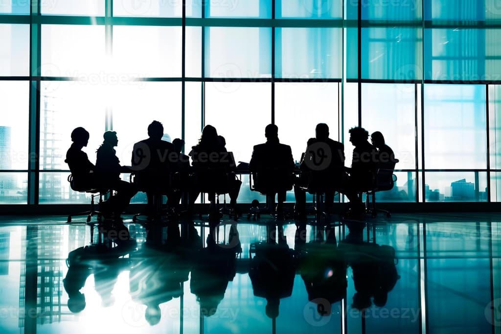 Executive team in silhouette around a boardroom table