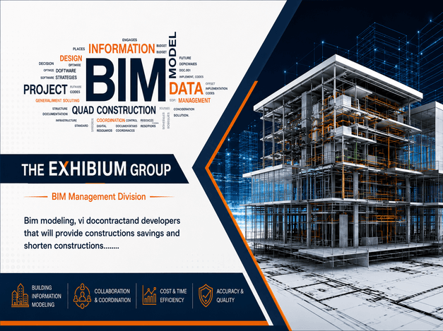 Exhibium BIM Management Division graphic with BIM word cloud and building systems model