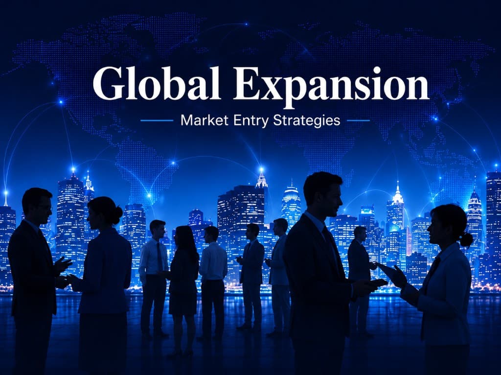 Global Expansion Market Entry Strategies graphic with city skyline and business professionals
